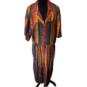 Vintage 90s Rainbow Stripe Shirt Dress Button Front Midi Size 16W